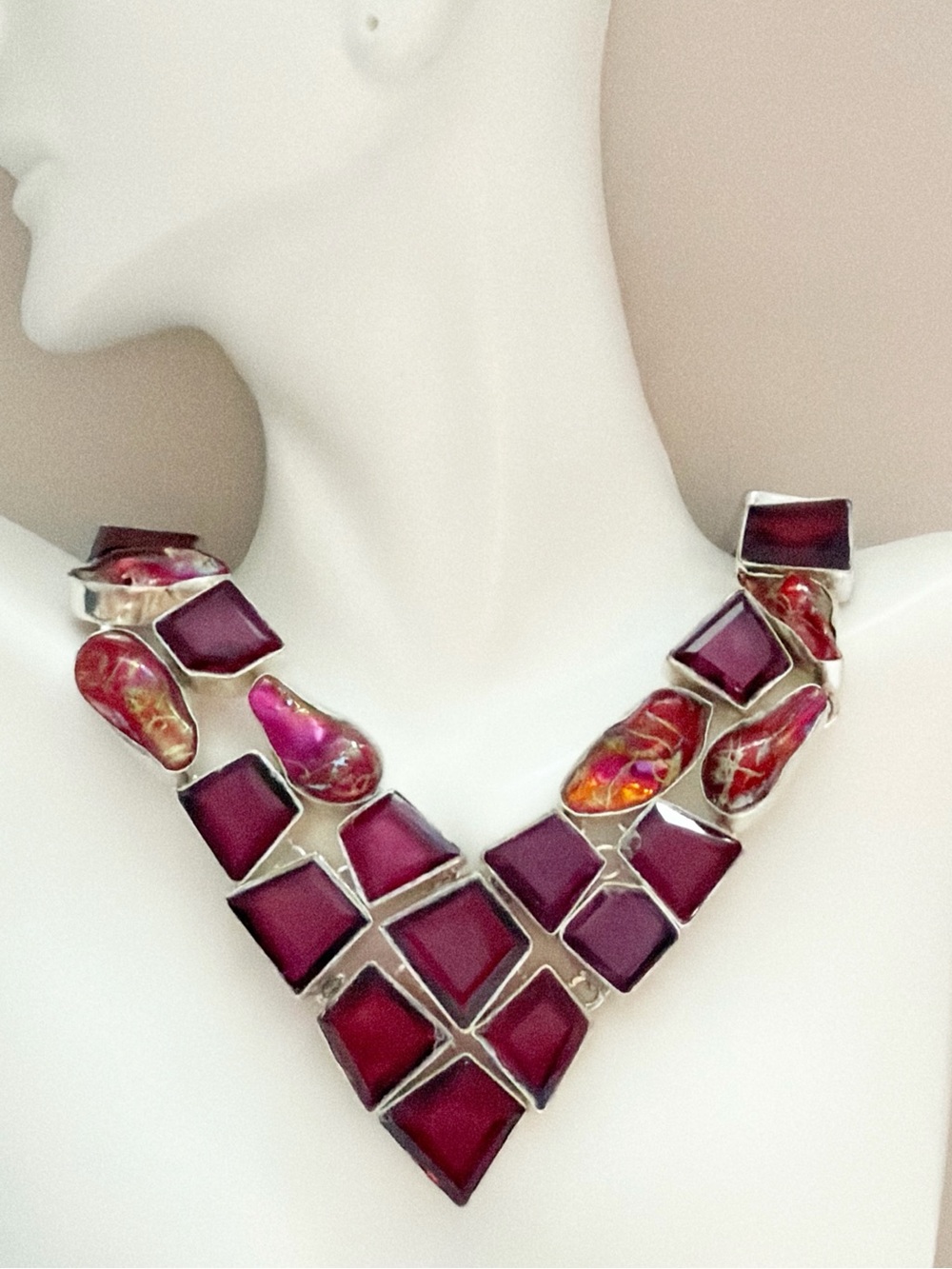 Stunning Magenta Raspberry Pink Crystal Pearl Sterling Silver Statement Necklace